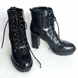 Guess Black Patent Faux Leather Lace-Up Combat Platform Boots Size 9